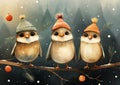 Chirpy Winter Trio: Adorable Birds on a Branch with Bright Smile Royalty Free Stock Photo