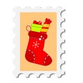 Chirstmas postal stamp with gift stocking. New year postage symbol with sock. Vector icon