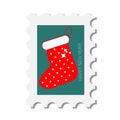 Chirstmas postal stamp with gift stocking. New year postage symbol with sock. Vector icon