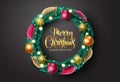 Chirstmas wreath vector design. Merry christmas greeting text in wreath elements with snowflakes, balls and bokeh decoration. Royalty Free Stock Photo