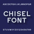 Chisel Alphabet Vector Font. Type letters and numbers. Blue wave background. Royalty Free Stock Photo