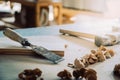 Chisel or gouge for wood on carpenter workbench. Carpentry workshop. Carpenter tools Royalty Free Stock Photo