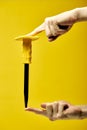 Chisel hand tool closeup isolated on yellow background