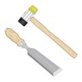 Chisel and mallet isolated on white background. Rubber hammer and chisel with wooden handle. Woodwork and carpentry hand tools set