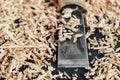 Chisel with wooden shavings on black background. Old woodworking hand tool. Copy, empty space for text Royalty Free Stock Photo