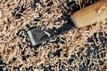 Chisel with wooden shavings on black background. Old woodworking hand tool. Top view. Copy, empty space for text Royalty Free Stock Photo