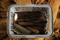 Chisels in box, Woodworking and crafts tools. Woodworking tolls.