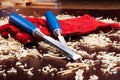 Chisels, red gloves and wood shavings Royalty Free Stock Photo