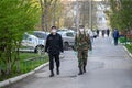 Mixed carabineri and military patrol in residential area of Chisinau, Moldova during covid-19 virus threat