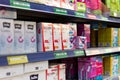 Chisinau, Moldova - January 23, 2022: Assortment of feminine hygiene products on a store shelf Royalty Free Stock Photo