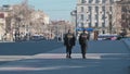 Carabineer patrol on Stefan the Great avenue, near the Government House in Chisinau, Moldova, during state of emergency