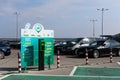 Chisinau, Moldova - October 17, 2021: Power supply for electric car charging in the Metro Cash and Carry parking lot. Electric car