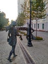 CHISINAU, MOLDOVA - September 9, 2019: a modern monument to two lovers is installed on a pedestrian street