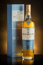 Chisinau, Republic of Moldova - February 20, 2017: Macallan highland single malt scotch whisky on yellow background in Royalty Free Stock Photo