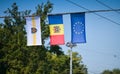 Chisinau, Republic of Moldova - 2021: The flags of the European Union and Moldova
