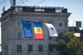 Chisinau, Republic of Moldova - 2021: The flags of the European Union and Moldova