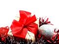 chistmas background with gift box and red tinsel