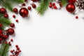 Chistmas ornaments on white wooden background with copy space for text, Invitation card template, AI generated, generative AI