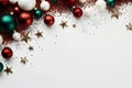 Chistmas ornaments on white wooden background with copy space for text, Invitation card template, AI generated, generative AI