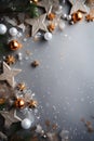 Chistmas ornaments on wooden background with copy space for text, vertical, Invitation card template, AI generated, generative AI