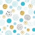 Christmas seamless pattern glitter sbowflakes polka dot abstract ornament golden, blue, black circle elements