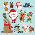 Cute forest animals and Santa Claus in Christmas holidays. Wildlife cartoon character  set. Elf, snowman, deer, bear, owl, r Royalty Free Stock Photo