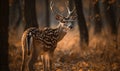 Chital Spotted Deer captured in a forest clearing bathed in warm golden sunlight. majestic animal is photographed in full figure Royalty Free Stock Photo