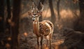 Chital Spotted Deer captured in a forest clearing bathed in warm golden sunlight. majestic animal is photographed in full figure Royalty Free Stock Photo