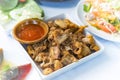 Chitterlings Fried garlic on white table, thai style Royalty Free Stock Photo