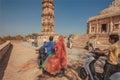 Indian tourists come to big structure of 12th-century tower Kirti Stambha, Tower of Fame