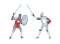 Chivalry tournament. Two medieval knights in armor fighting with swords. Warriors holding shields in war battle. Flat Royalty Free Stock Photo