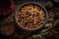 Chivda, crunchy spicy snack mix with flattened rice nuts, and spices food for Eid al-Adha holiday, Muslim festival, generative AI