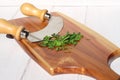 Chives chopped on wooden chopping board C Royalty Free Stock Photo