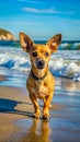 Chiweenie dog walks ocean Royalty Free Stock Photo