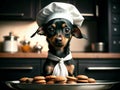 Chiweenie dog wearing a chef's hat and apron baking cookies Royalty Free Stock Photo
