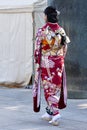 Chiyoda City, Tokyo, Japan - January 02, 2020: Coming of age day in Yasukuni Shrine. Teenager wearing kimono