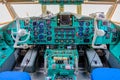 Chkalovski Airport, MOSCOW REGION, RUSSIA - AUGUST 19, 2018: Overview interrior pilot`s cockpit of military transport aircraft IL