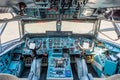 Chkalovski Airport, Moscow Region, Russia - August 12, 2018: Overview in pilot`s cockpit of military transport aircraft Antonov A