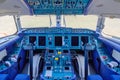 Chkalovski Airport, Moscow Region, Russia - August 12, 2018: Overview in pilot`s cockpit of passanger airplane Antonov AN-148