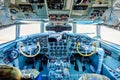 Chkalovski , Moscow Region, Russia - August 12, 2018: Overview interrior pilot`s cockpit of airplane IL-18