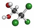 Chloral hydrate sedative and hypnotic drug molecule, 3D rendering. Atoms are represented as spheres with conventional color coding