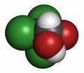 Chloral hydrate sedative and hypnotic drug molecule, 3D rendering. Atoms are represented as spheres with conventional color coding