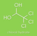 Chloral hydrate sedative and hypnotic drug molecule. Skeletal formula.