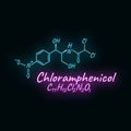 Chloramphenicol antibiotic chemical formula and composition concept structural drug, isolated on black background, neon style