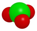 Chlorate anion, chemical structure. 3D rendering. Atoms are represented as spheres with conventional color coding: chlorine (green