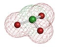 Chlorate anion, chemical structure. 3D rendering. Atoms are represented as spheres with conventional color coding: chlorine (green