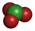Chlorate anion, chemical structure. 3D rendering. Atoms are represented as spheres with conventional color coding: chlorine (green