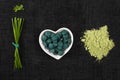 Chlorella, spirulina and wheatgrass. Royalty Free Stock Photo