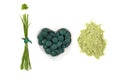 Chlorella, spirulina and wheatgrass. Royalty Free Stock Photo