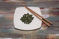 Plate with healthy spirulina tablets on table.Food concept Royalty Free Stock Photo